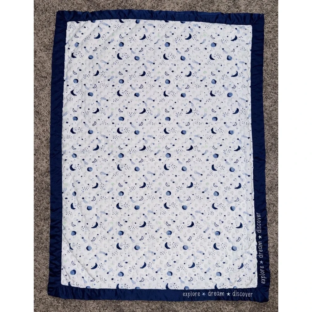 Just Born Baby Blanket Plush Blue White Explore Dream Discover Satin Minky Dot
